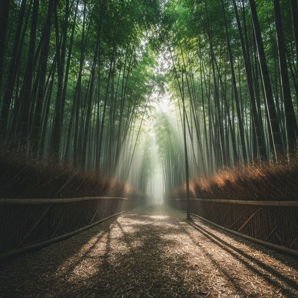 Lush green bamboo forest with sunlight filtering through the stalks