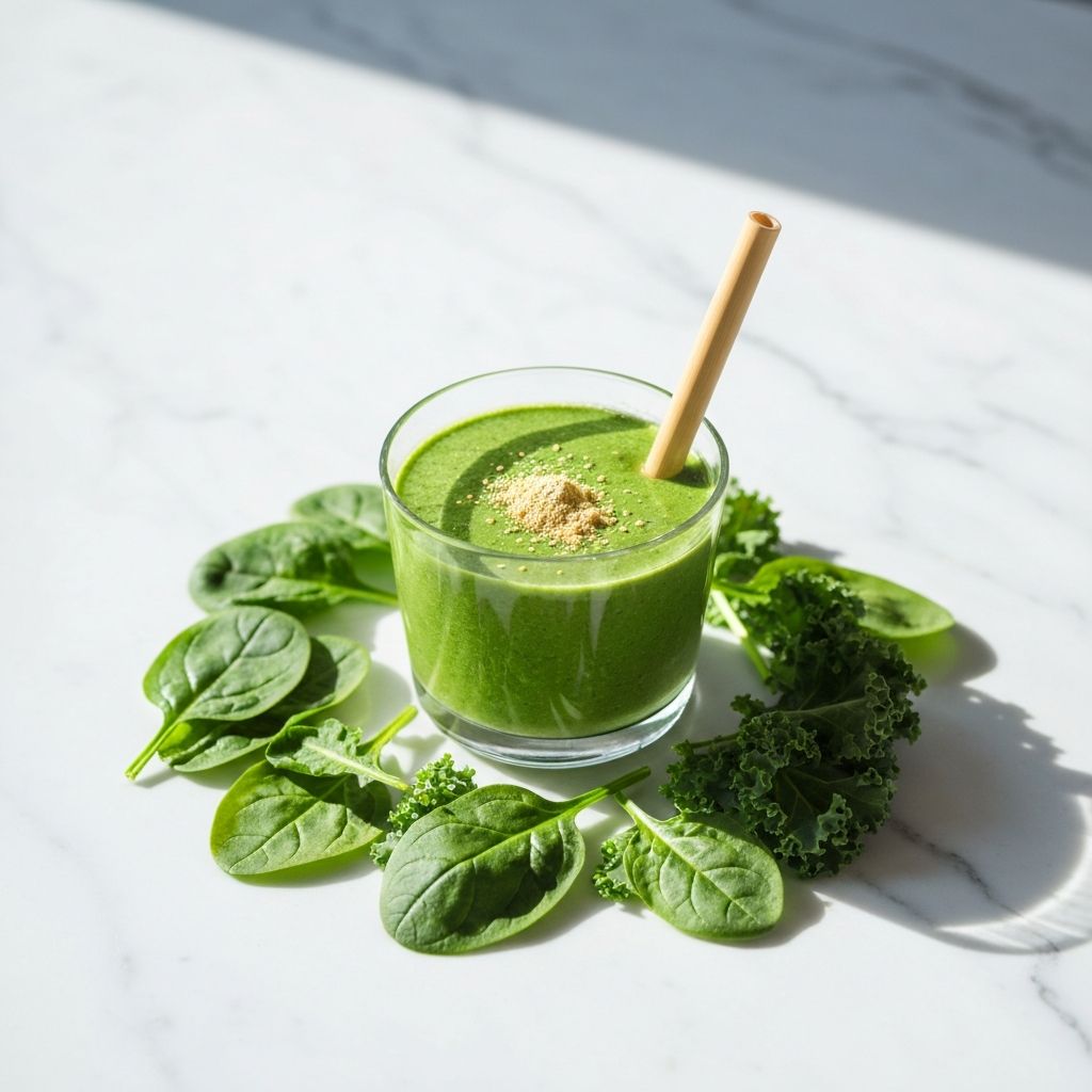 A green smoothie made with bamboo powder on a marble countertop