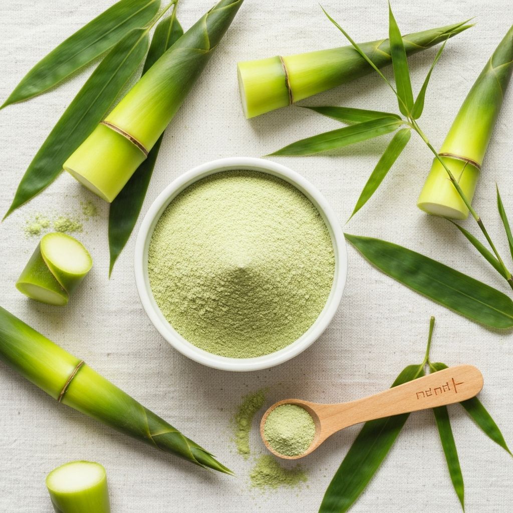 A bowl of organic bamboo protein powder with fresh bamboo shoots
